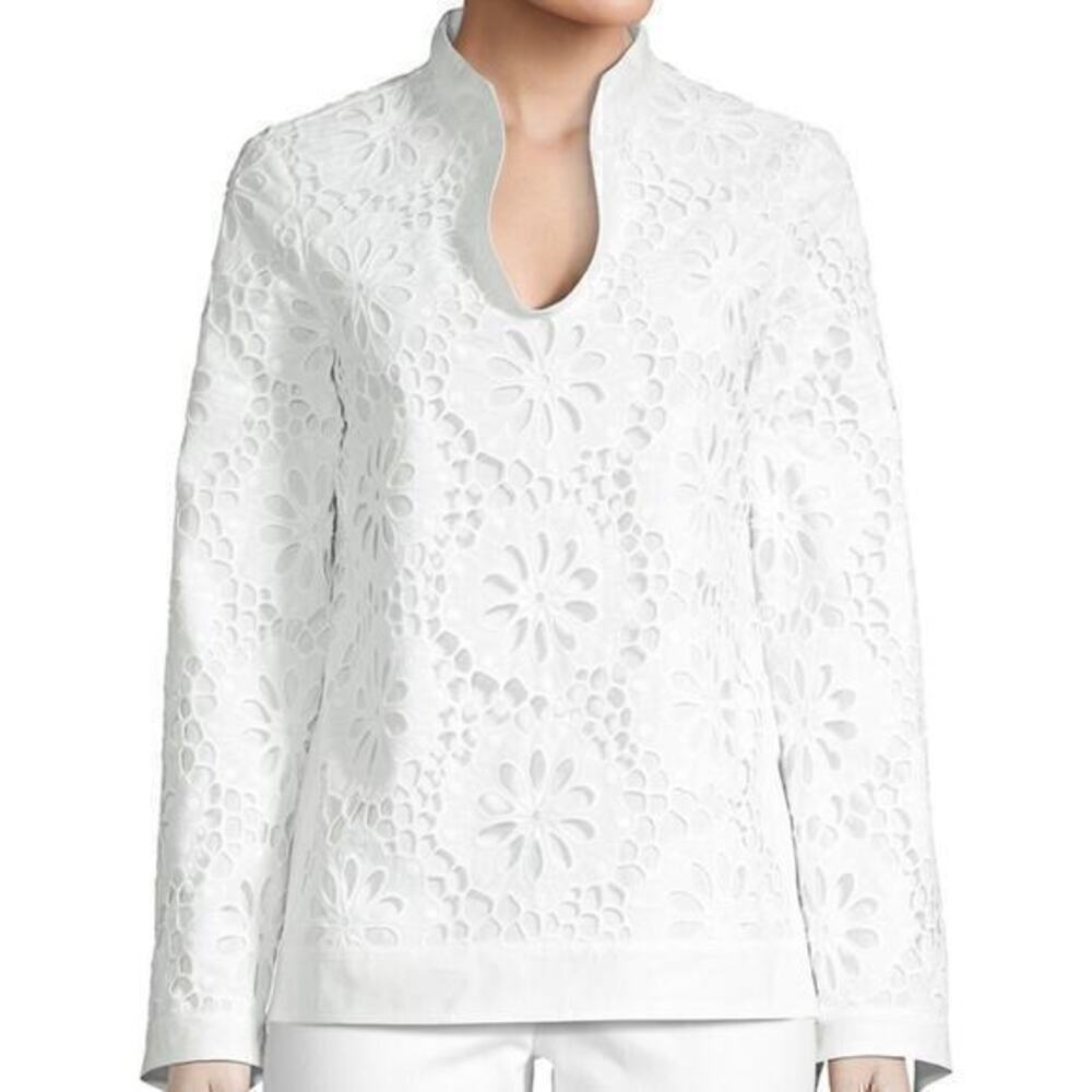 Tory Burch White Lace Long Sleeve Split Neck Tunic Top Size 0‎ NWT